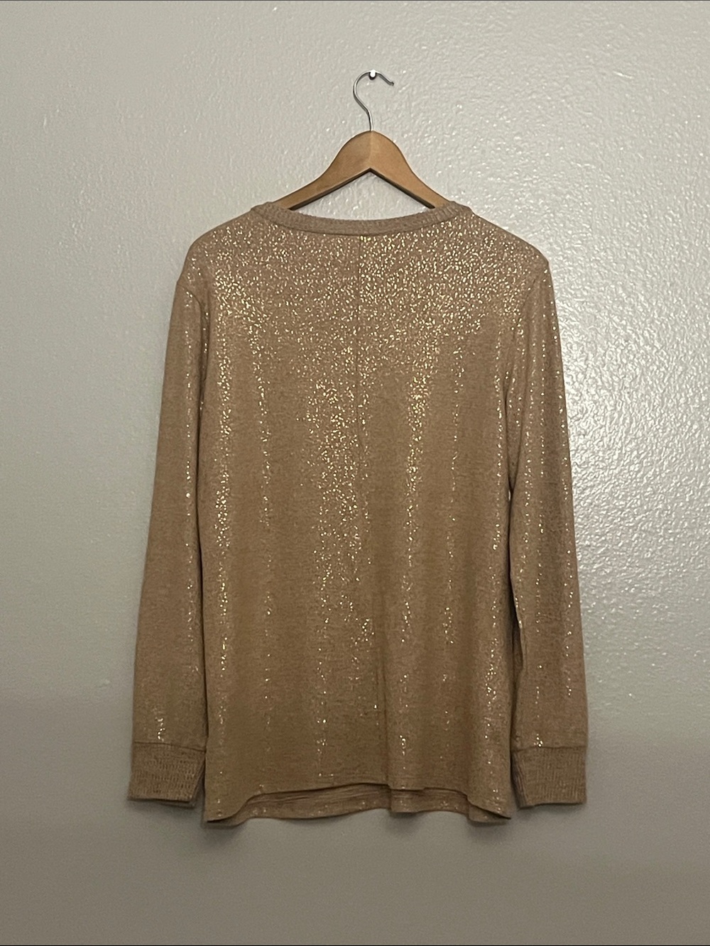 Holiday Glittery Beige Sparkle Crewneck Sweater with Button-Trim Sleeves - Picture 3 of 8